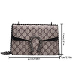 Designer handbag with chain strap and dimensions displayed on a white background