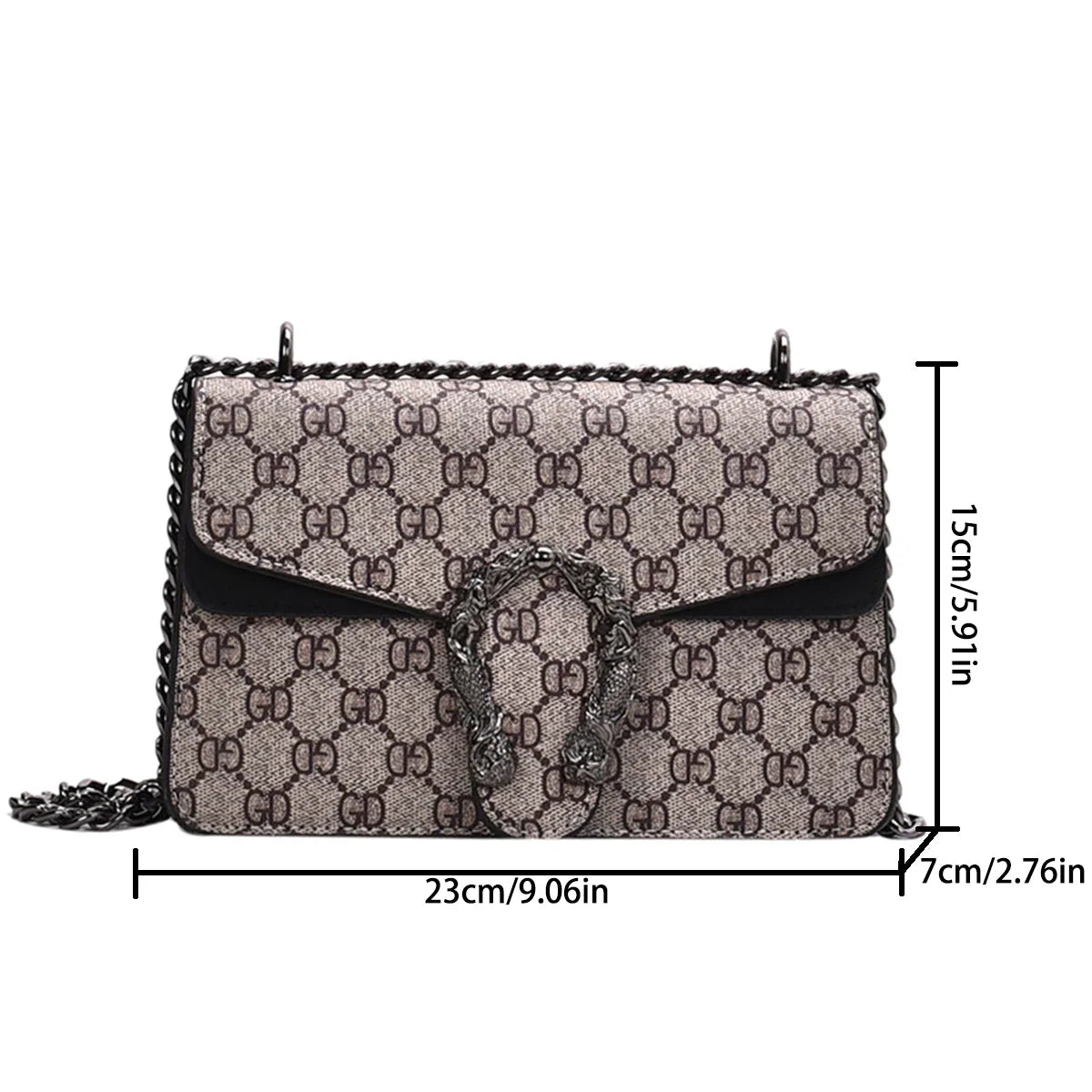Designer handbag with chain strap and dimensions displayed on a white background