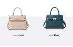 Two handbags, one khaki and one blue, on a white background.