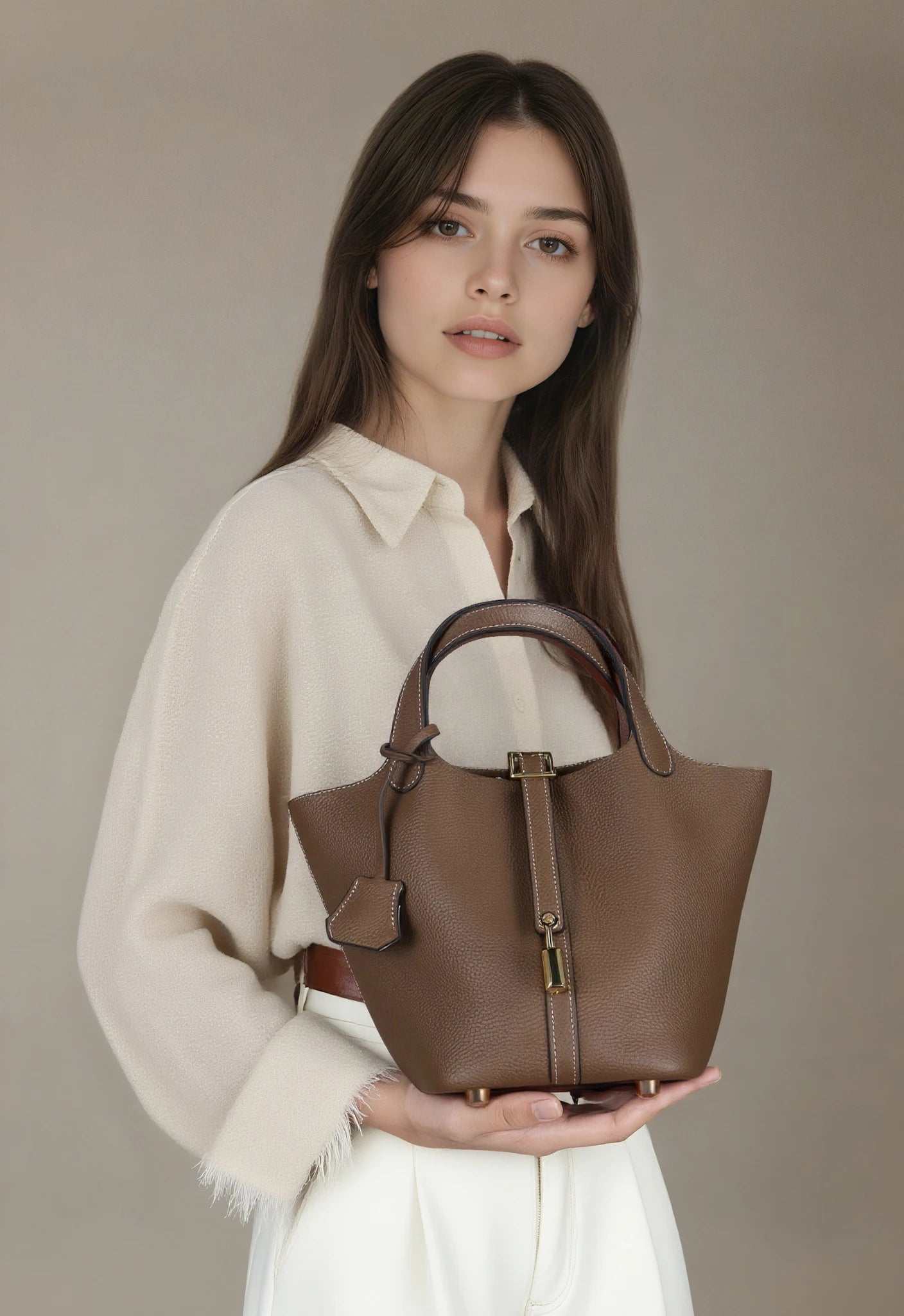 2025 Casual Fashion Female Genuine Leather Bucket Bag Luxury Handbag High-End Tote Bag Woman Cow Leather Mommy Bag & Metal Lock
