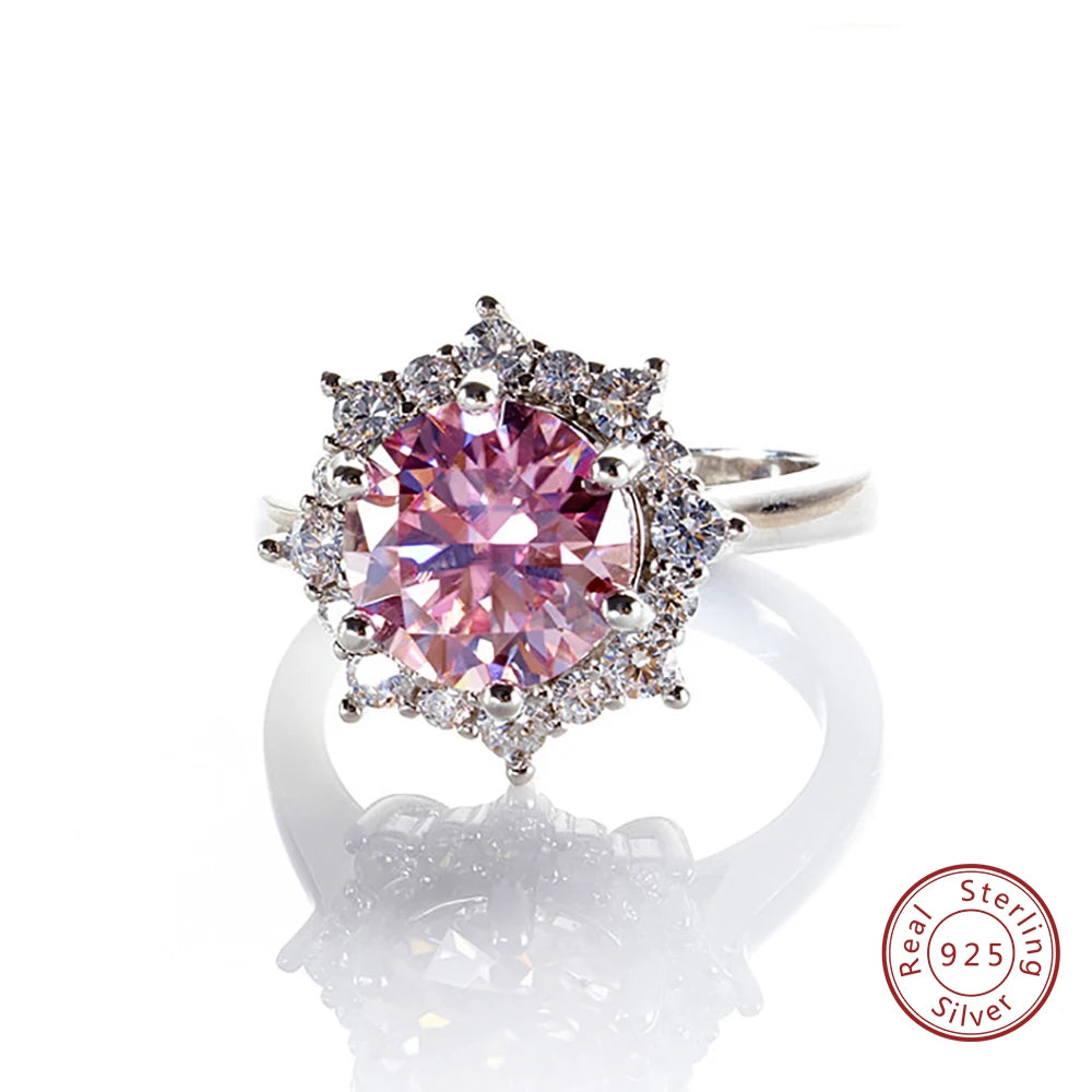 Silver ring with a pink gemstone on a white background