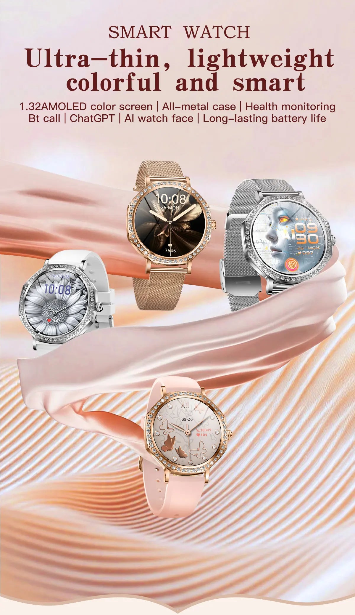 Luxury Women's Smartwatches Diamond Dial Fashion Smart Watch Heart Rate Monitor Sleep Tracking IP67 Waterproof For Android & IOS Vanaski