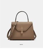 Brown handbag with gold clasp on a light gray background