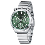 Silver watch with a green dial on a white background