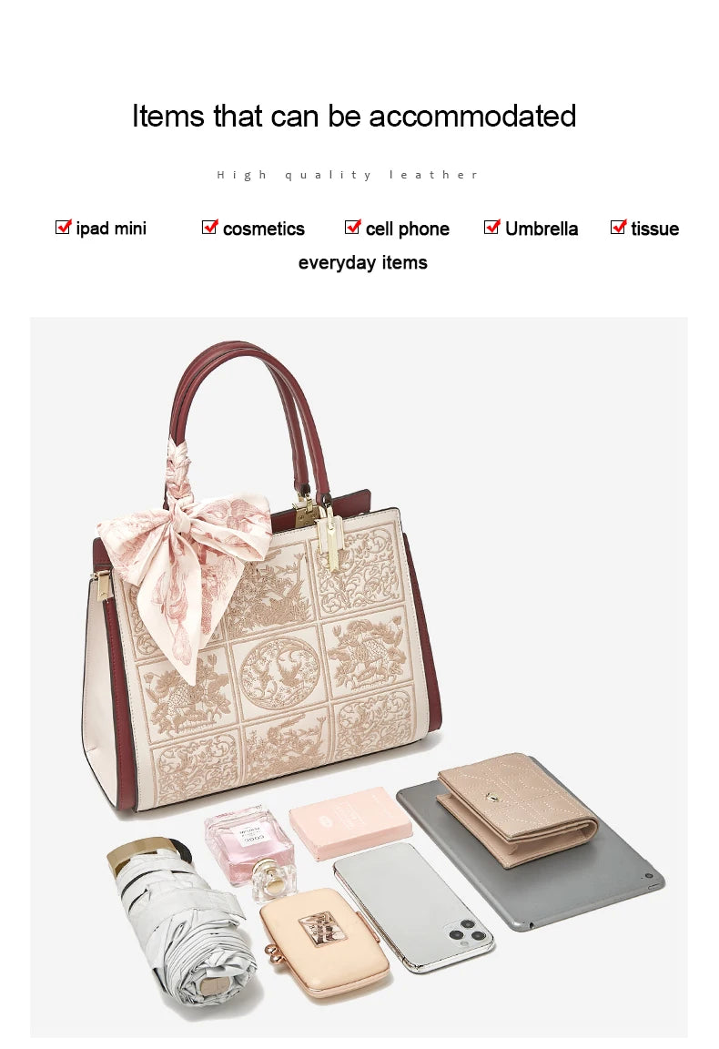 Handbag with lace detailing and its contents on a white background