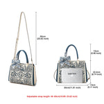 Handbag with decorative elements and measurements on a white background