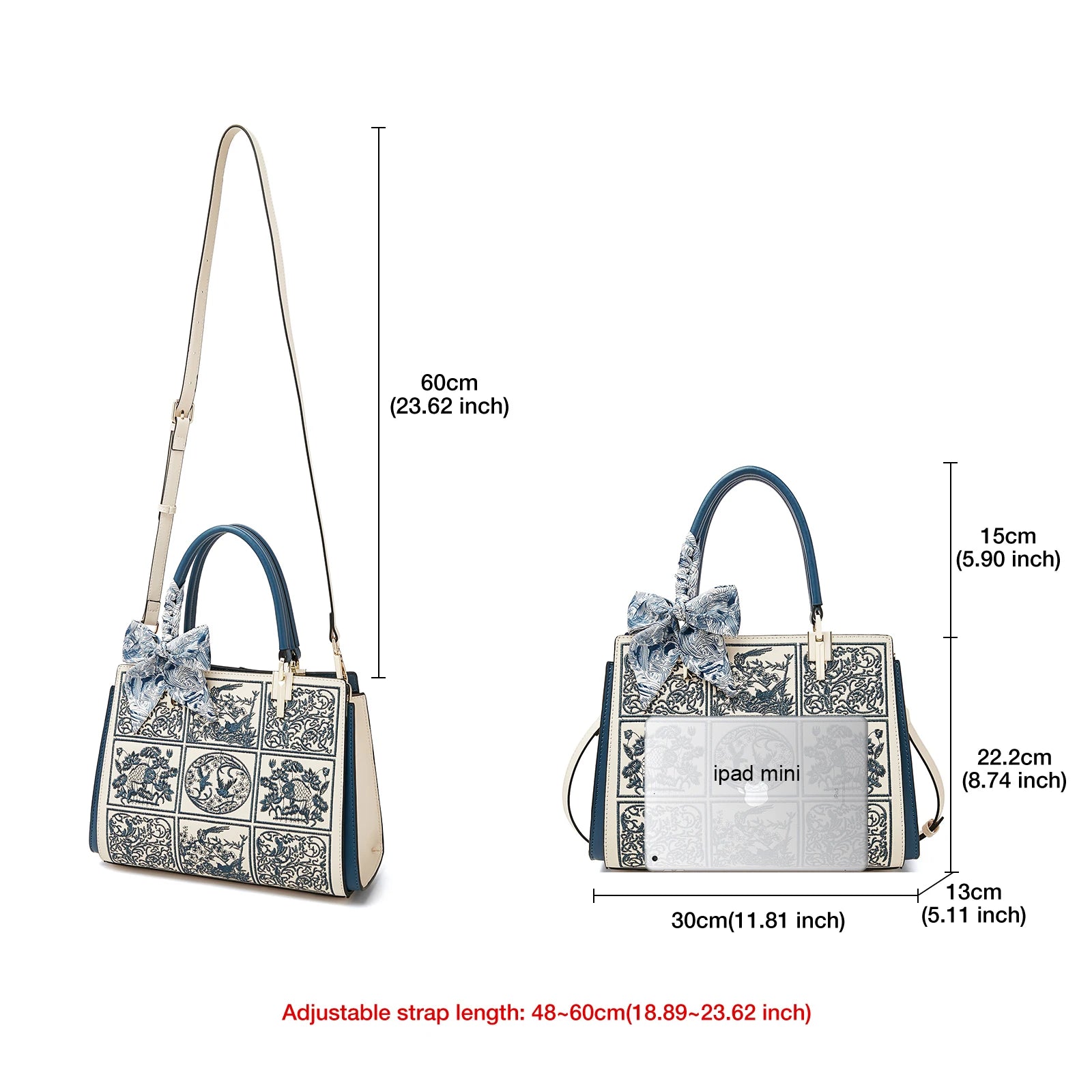 Handbag with decorative elements and measurements on a white background