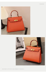 Orange handbag with gold hardware on a neutral background