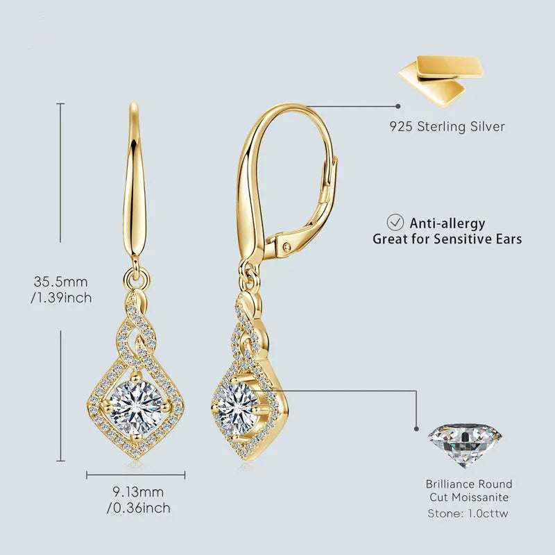 Gold earrings with diamond-like stones, labeled '925 Sterling Silver' and 'Anti-allergy'.