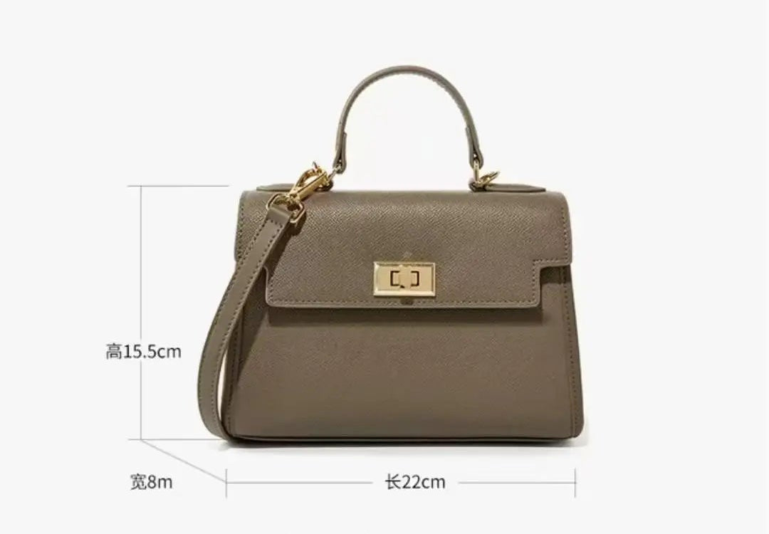 Brown handbag with dimensions and feature list on a white background