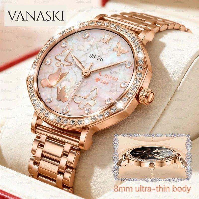 Rose gold watch with decorative face and Vanaski branding on a beige background
