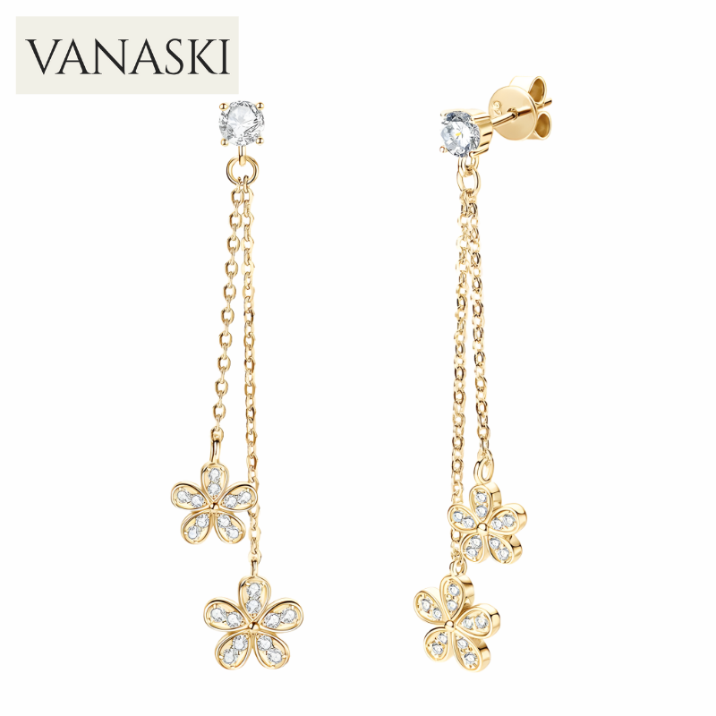 Gold butterfly earrings with clear stones on a white background, featuring the Vanaski brand.