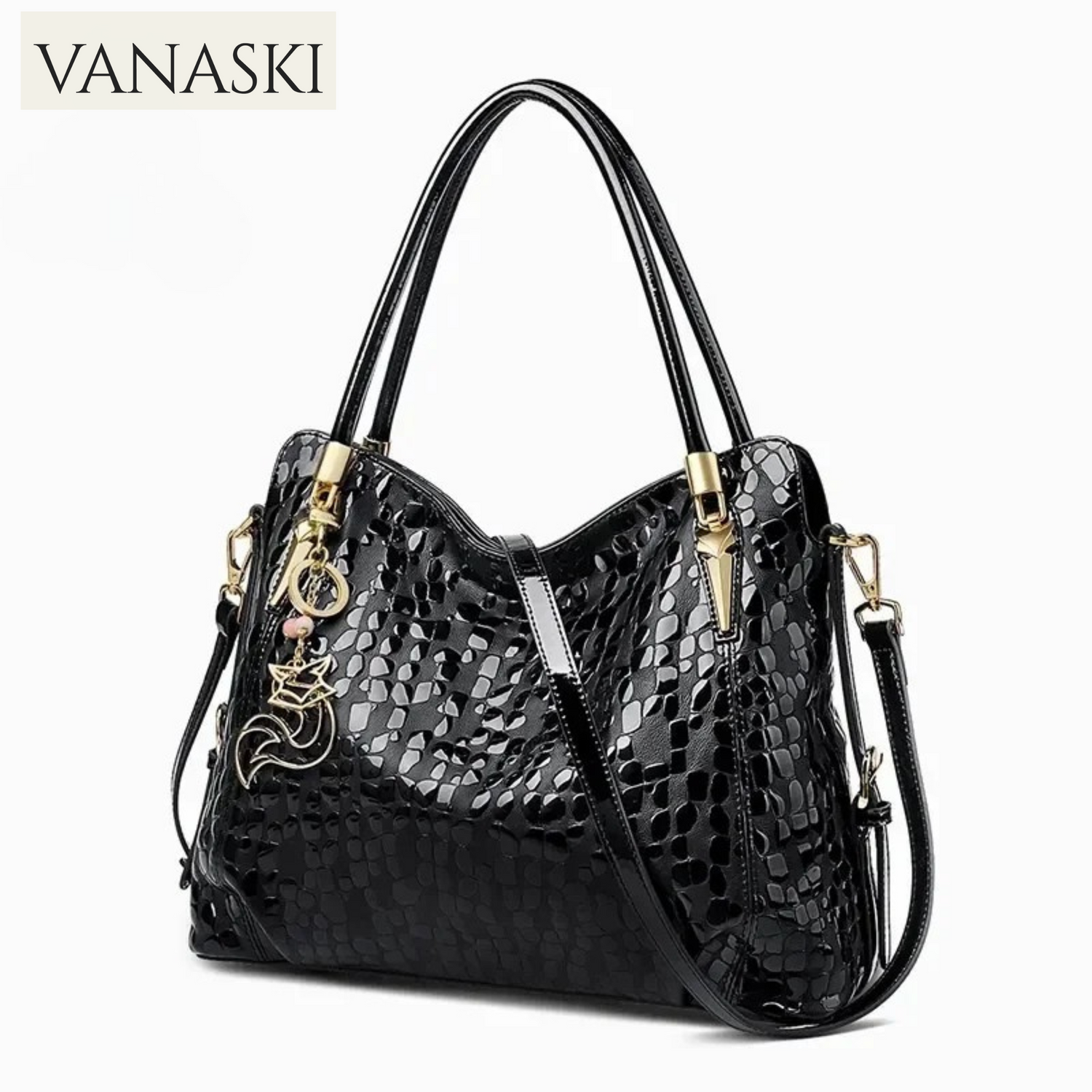 FOXER Women Natural Cow Leather Handbag Large Capacity Classic Black Genuine Leather Tote Lady Stylish Sequin Shoulder Bag