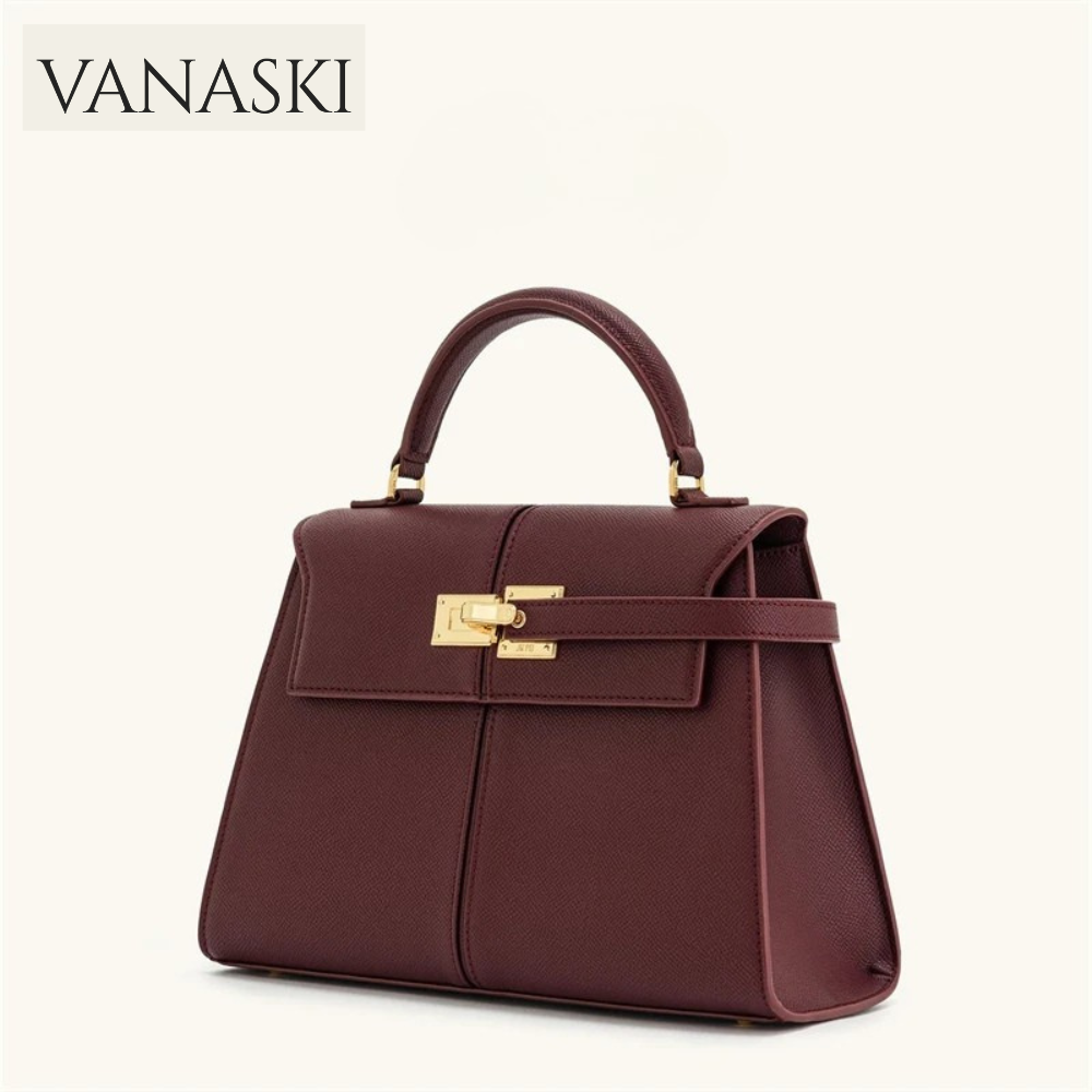 Brown handbag with gold hardware on a white background, featuring the Vanaski brand.