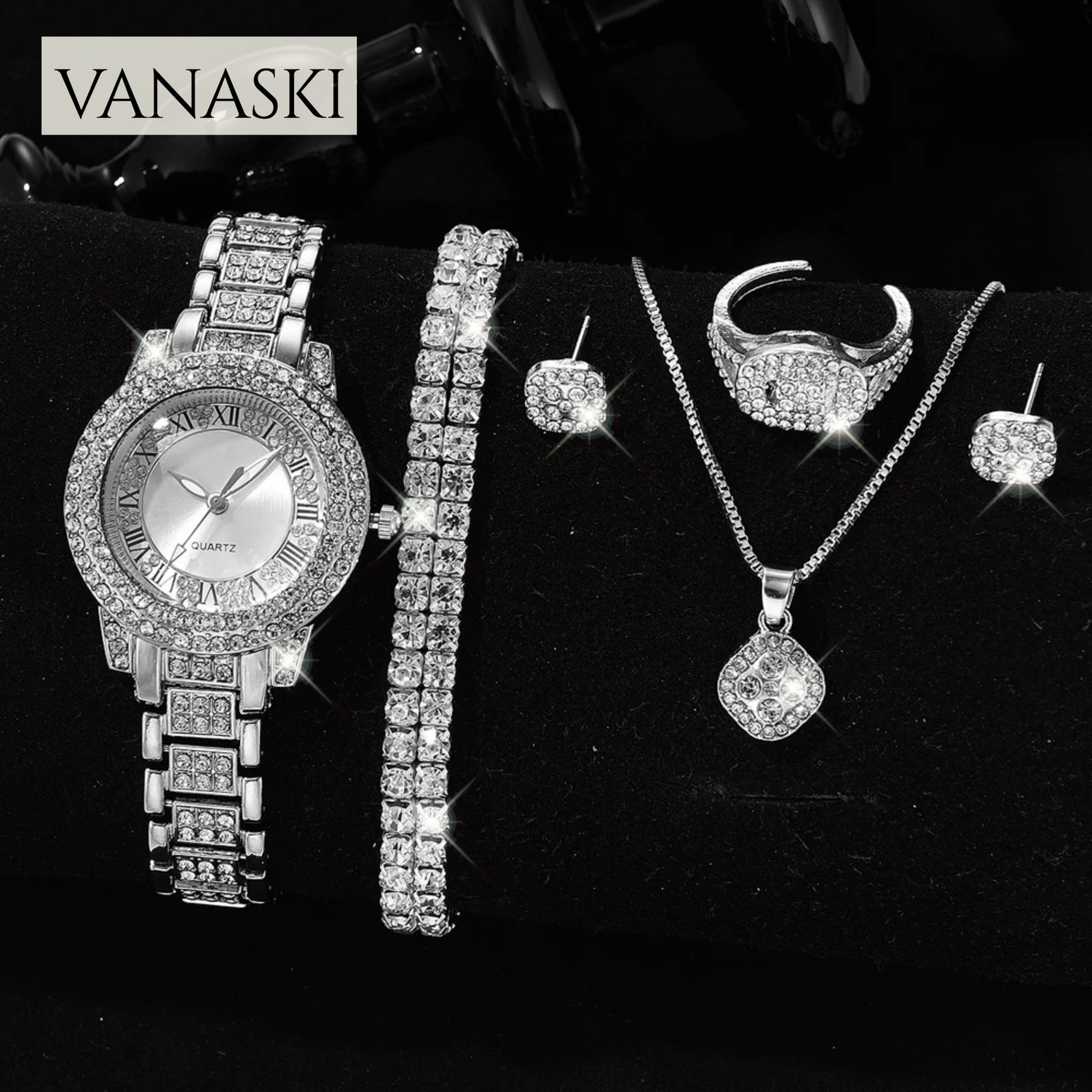 5PCS Set Luxury Watch Women Ring Necklace Earrings Rhinestone Fashion Wristwatch Female Casual Ladies Watches Bracelet Gift