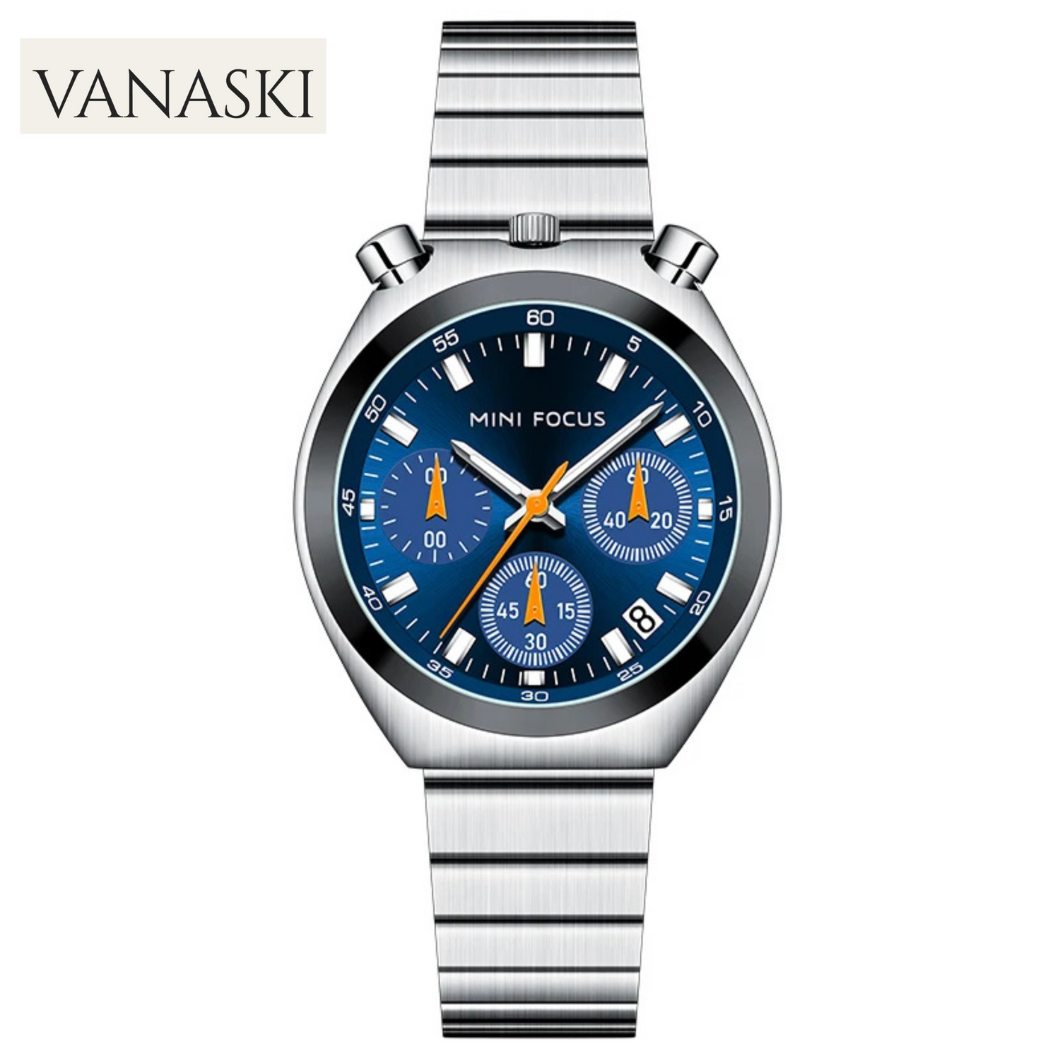 Silver watch with blue dial on a white background, featuring the Vanaski brand.