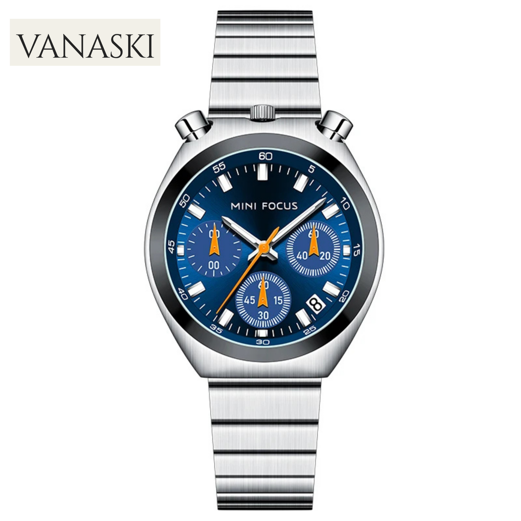 Silver watch with blue dial on a white background, featuring the Vanaski brand.