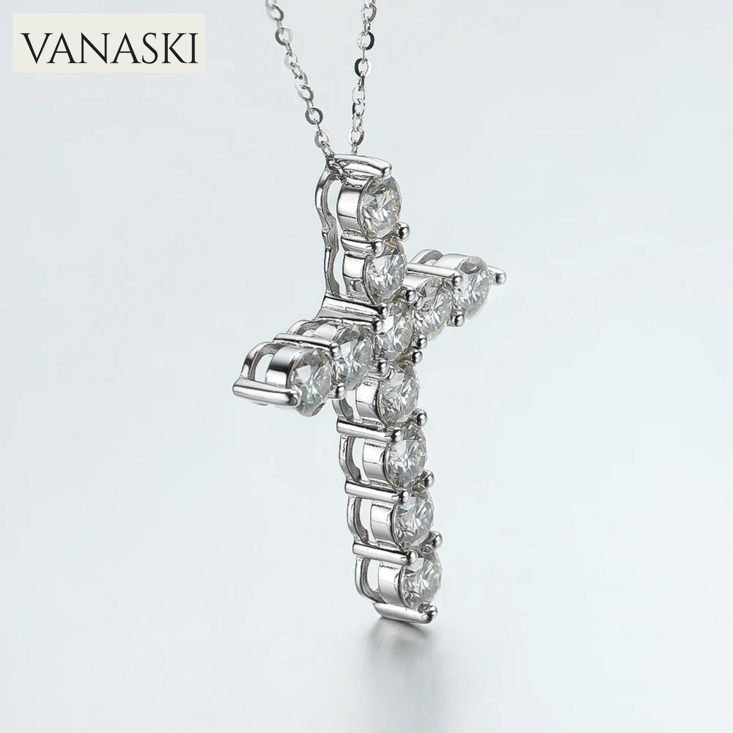 KNOBSPIN Full Moissanite Cross Pendant Necklace Original 925 Sterling Sliver Chain Plated 18k White Gold Fine Necklace for Women