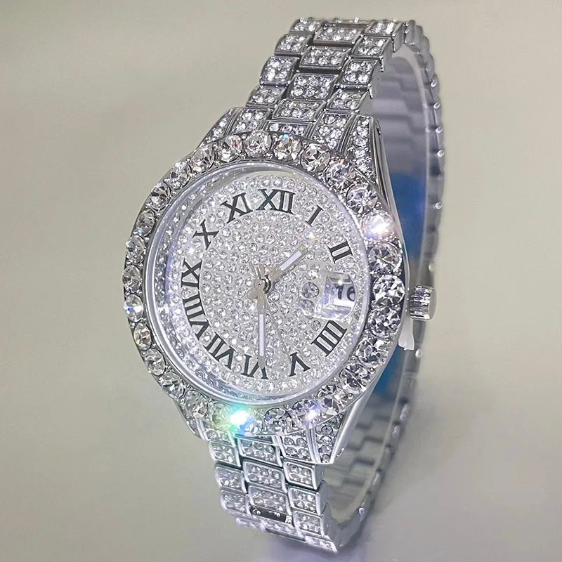 Luxury diamond-encrusted watch with Roman numeral markers on a light gray background