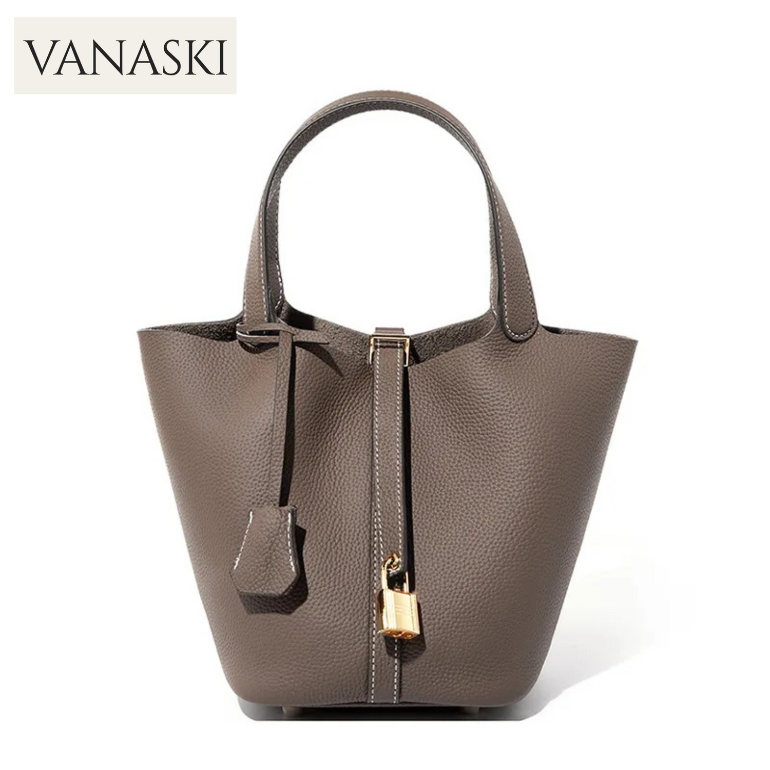 2025 Casual Fashion Female Genuine Leather Bucket Bag Luxury Handbag High-End Tote Bag Woman Cow Leather Mommy Bag & Metal Lock