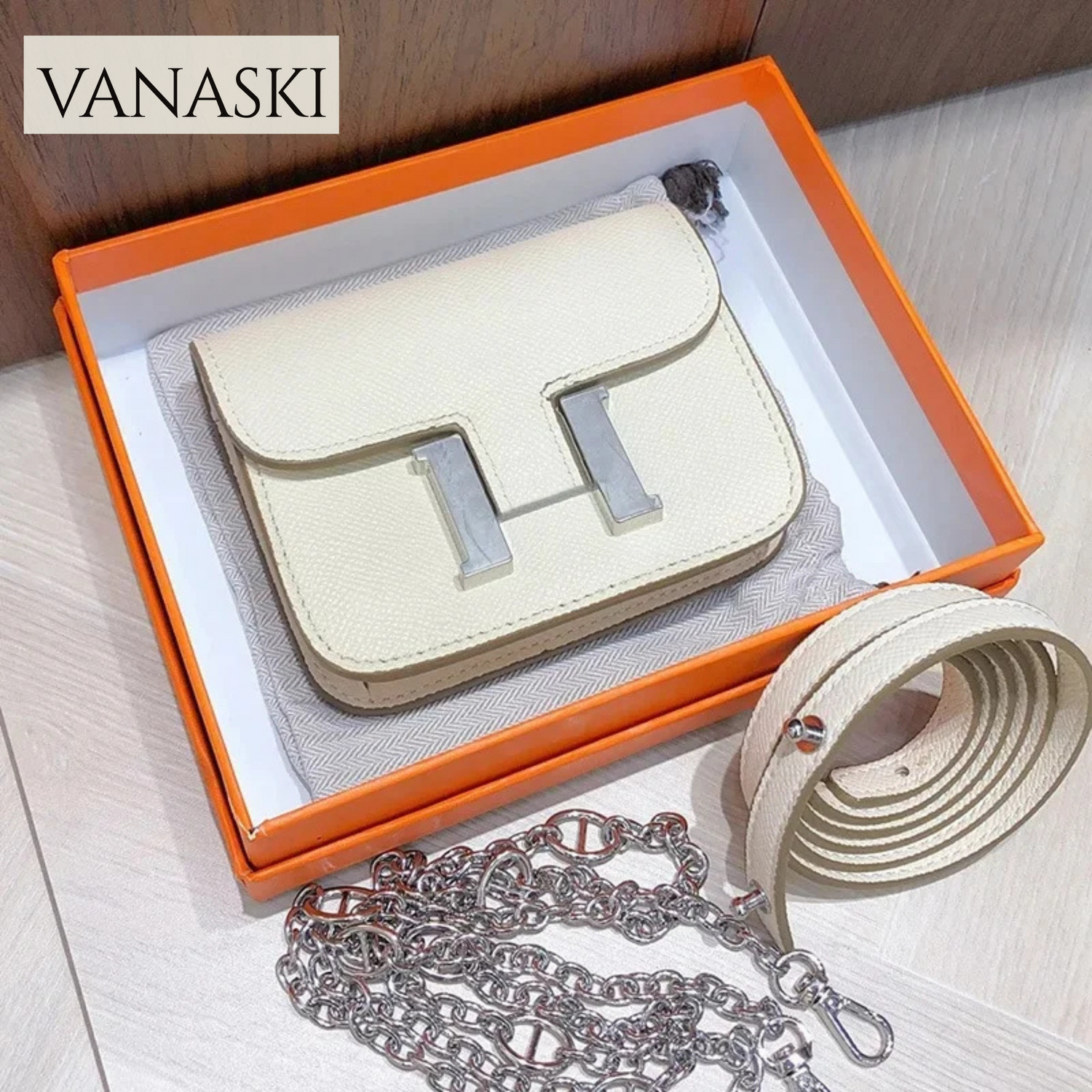 Mini Genuine Leather Kangkang Bag H-Buckle Chain Women's Fashion Soft Leather Waist Bag Square Bag Interior Compartment
